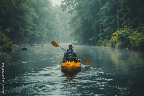 Man Kayaking on a Calm River Surrounded by Trees on a Sunny Day