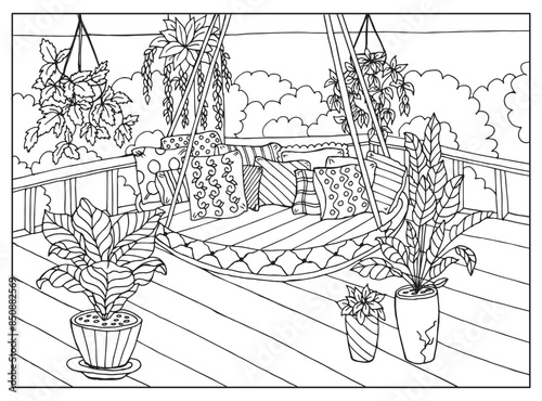Hand-drawn terrace with hanging sofa and indoor plants. Illustration for coloring book, sketch, vector