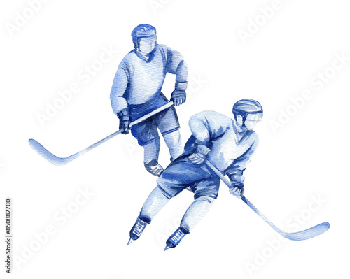 two hockey players with sticks in motion, hand drawn watercolor sketch of ice sport theme, illustration on white background, for hockey decoration