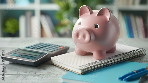 Piggy Bank and Financial Planning Tools on Desk Symbolizing Budgeting and Saving Money