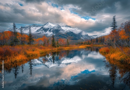 Snow-Capped Mountains Reflecting in Calm Alaskan Lake During Autumn