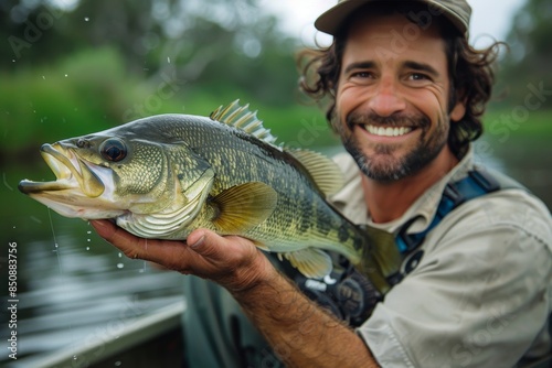 Senior Fisherman Holding Largemouth Bass on Boat in River