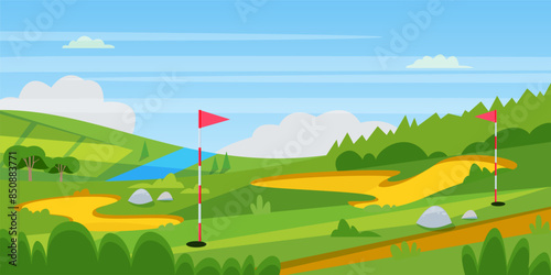 Green golf course with water and sand bunkers. Spring or summer landscape with flags on lawn. Vector flat cartoon outdoor sport illustration