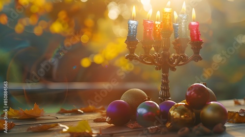 Hanukkah Jewish holiday background with menorah (Judaism candelabra) burning candles and traditional Dreidrel game toy on wood table photo