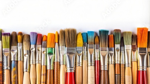 Inviting image of a row of paintbrushes of various colors and sizes arranged on a clean white background with copy space. Perfect for designs related to art, creativity, and crafting