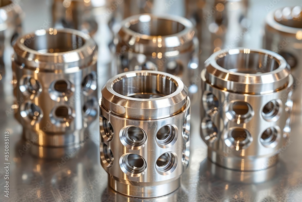 Closeup of polished metal machine parts on a metal surface. Closeup of polished metal machine parts on a metal surface.