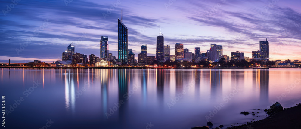 Fototapeta premium Tranquil Sunset Over Urban Skyline Reflections