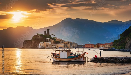 Fisherman is casting a fishing rod at sunset with a boat moored near an italian village. The sun is setting behind the mountains in the distance, casting a warm glow over the scene