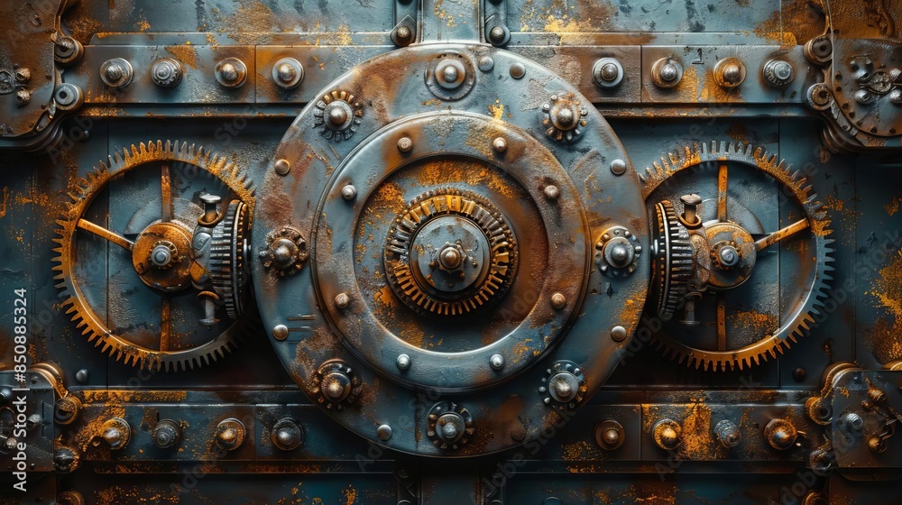 Rusty metal steampunk gears and cogs on a weathered surface. Rusty metal steampunk gears and cogs on a weathered surface.