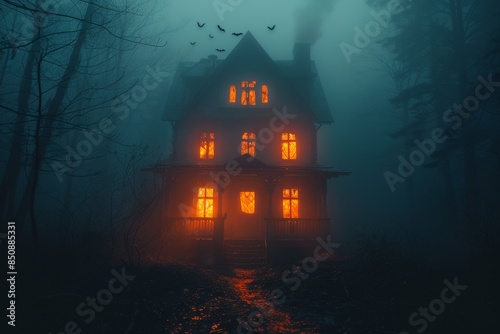 Haunted House in Foggy Forest at Night