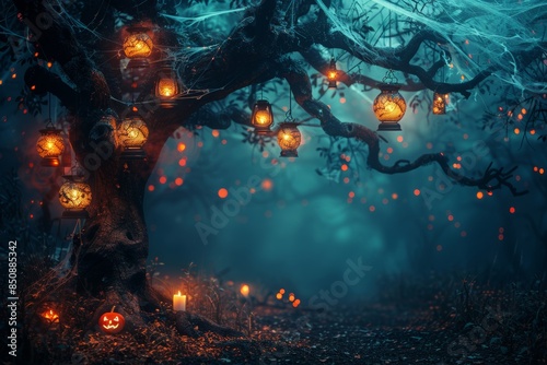 Spooky Halloween Tree With Lanterns In Foggy Forest