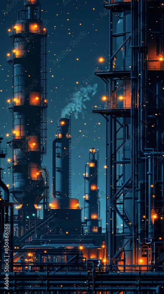 Obraz premium Night view of an industrial complex with illuminated pipes and towers.