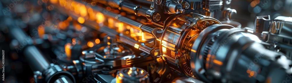 Close-up of a complex, intricate mechanical system with glowing orange elements. Close-up of a complex, intricate mechanical system with glowing orange elements.