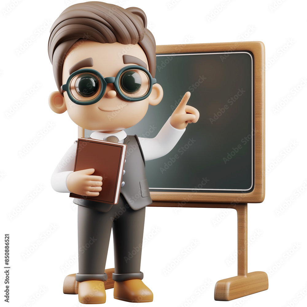 3D rendering illustration modern style teacher character, full body, smile, holding a book and pointing to a chalkboard, wearing glasses, transparent background 3D rendering illustration modern style teacher character, full body, smile, holding a book and pointing to a chalkboard, wearing glasses, transparent background