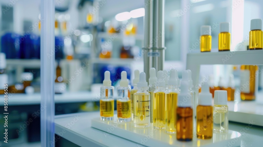 A white lab table with many bottles of different colors and sizes A white lab table with many bottles of different colors and sizes