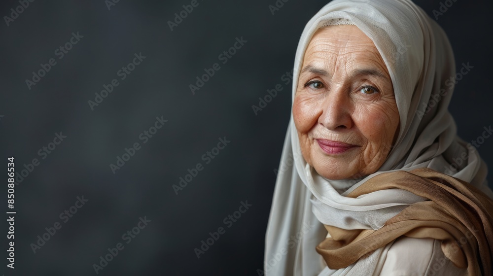 Close-up portrait of an elderly woman wearing a white headscarf Close-up portrait of an elderly woman wearing a white headscarf