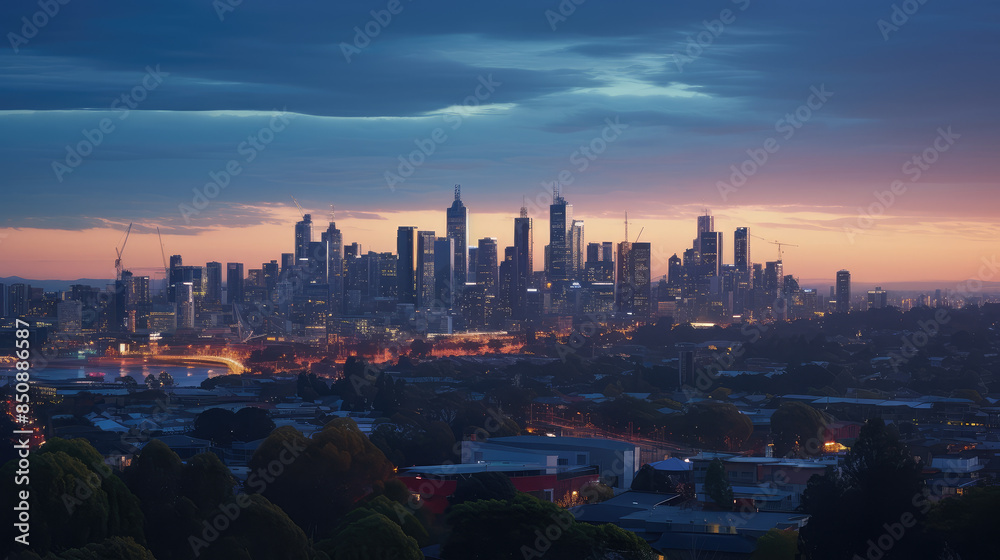 Fototapeta premium Dazzling Evening Cityscape Under Dramatic Sky