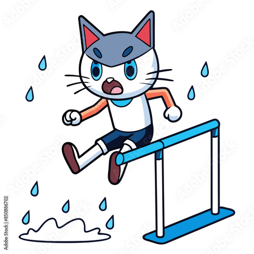 anime cat athlete, mid-jump over a hurdle with an intense, determined expression and sweat droplets flying