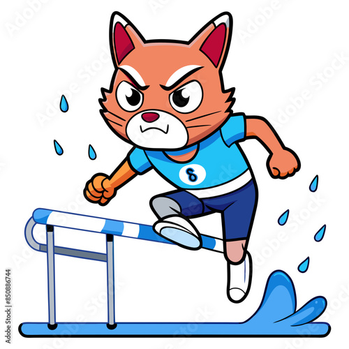 anime cat athlete, mid-jump over a hurdle with an intense, determined expression and sweat droplets flying