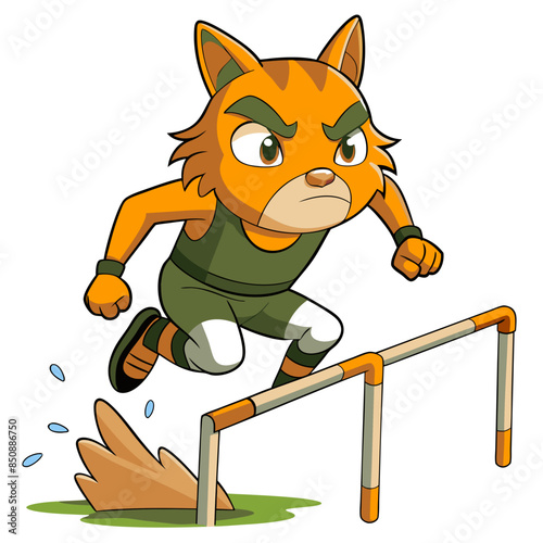 anime cat athlete, mid-jump over a hurdle with an intense, determined expression and sweat droplets flying