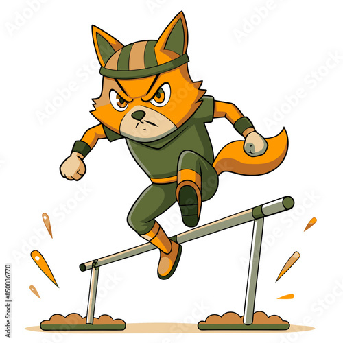 anime cat athlete, mid-jump over a hurdle with an intense, determined expression and sweat droplets flying