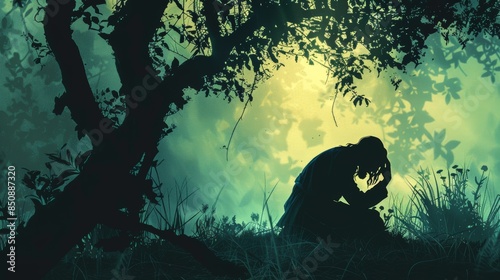 Silhouette of jesus in gethsemane, praying and supplicating before betrayal and crucifixion event