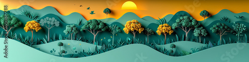 wide horizontal jungle illustration with layers of trees plants and leaves in green color tones and sun in yellow sky