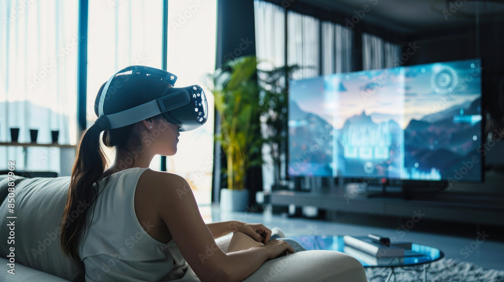 Woman using VR headset in modern living room Woman using VR headset in modern living room
