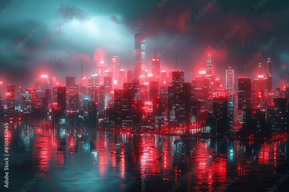 Obraz premium Futuristic cityscape glowing with red lights reflecting on the water
