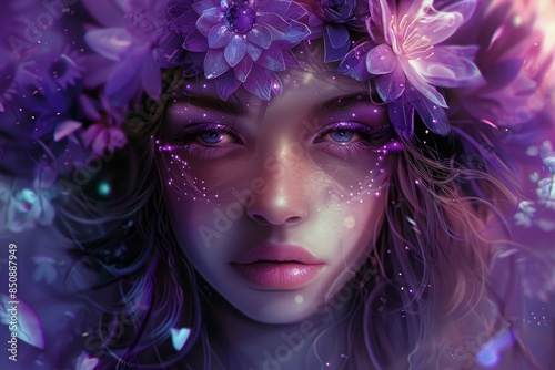 Digital art of a mystical woman adorned with a vibrant floral headpiece, embodying the spirit of nature