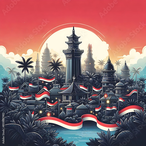 Indonesia Independence day Illustration background, Generative AI