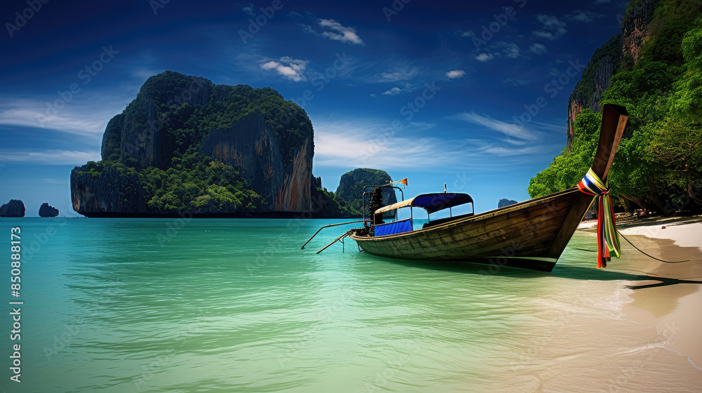 Fototapeta premium Serene Tropical Beach with Longtail Boat