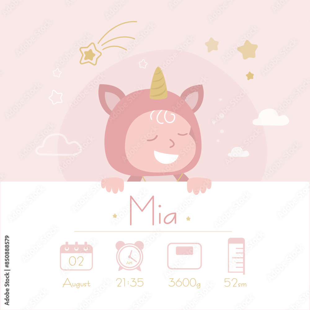 Baby poster, height, weight, time, date of birth with cute baby in unicorn clothes. Newborn announcement party card. It's a girl - shower card, banner template. Baby poster, height, weight, time, date of birth with cute baby in unicorn clothes. Newborn announcement party card. It's a girl - shower card, banner template.