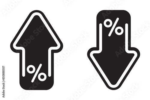 Percent up and down arrow icon set isolated on white background flat vector illustration. Percentage growth and decline icons. Percent arrow up and down flat and line style symbols.