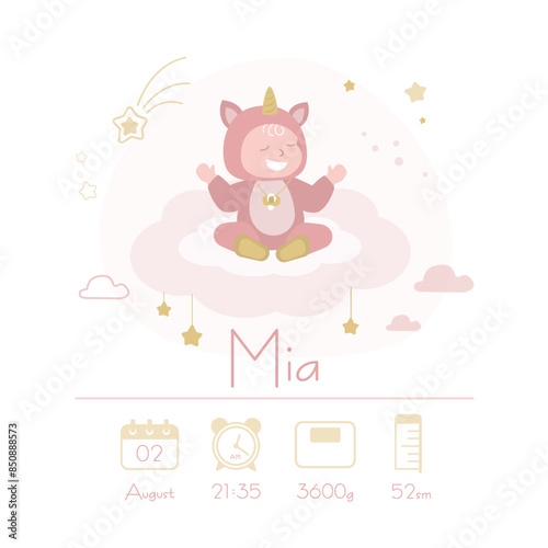 Baby poster, height, weight, time, date of birth with cute baby on cloud. Newborn announcement party card. It's a girl - shower card,