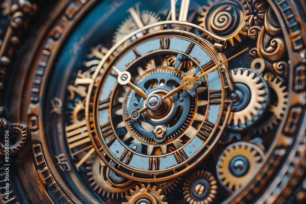 Close-up of intricate clockwork gears and face. Close-up of intricate clockwork gears and face.
