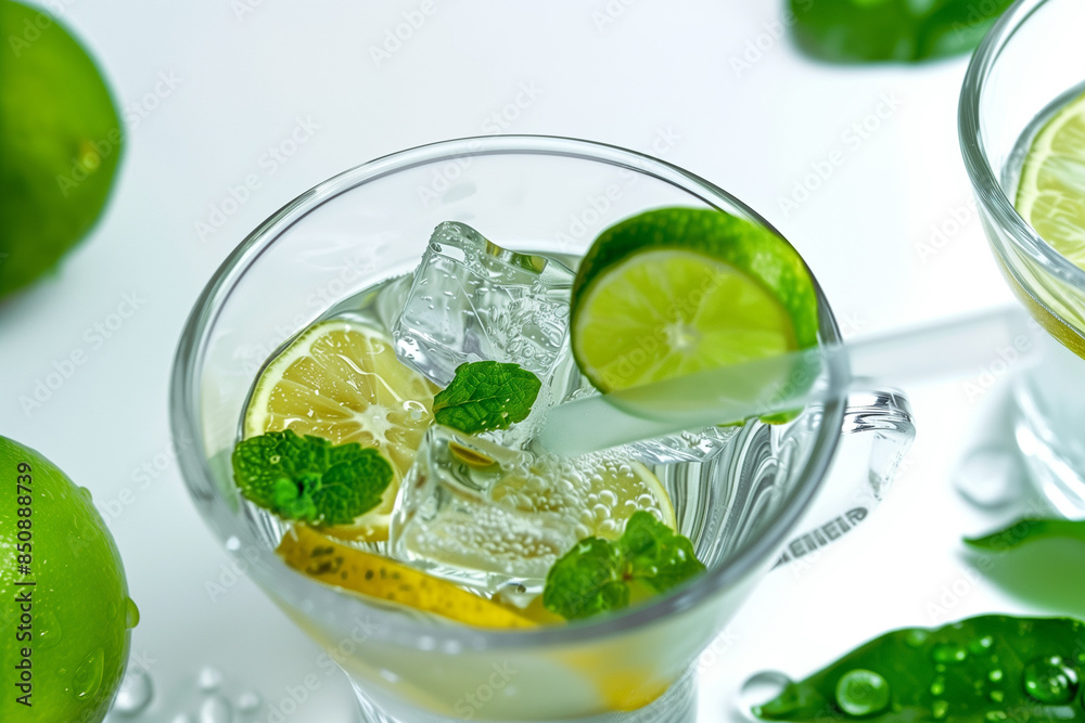 A glass of water with ice and a lime slice in it A glass of water with ice and a lime slice in it