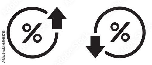 Percent up and down arrow icon set isolated on white background flat vector illustration. Percentage growth and decline icons. Percent arrow up and down flat and line style symbols.