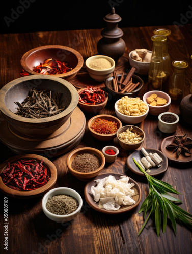 Assorted Spices and Ingredients on Rustic Table