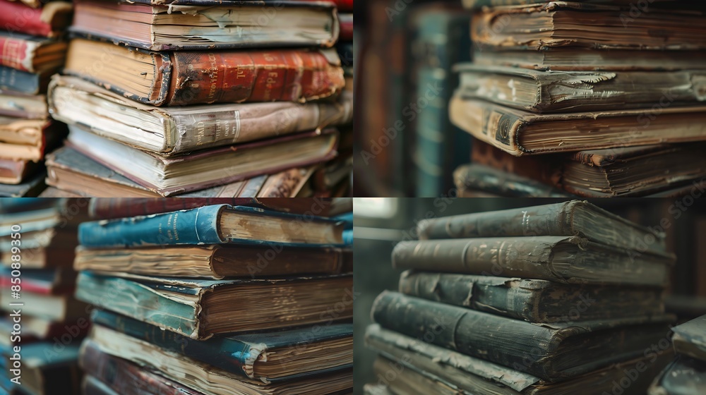 A close-up of a stack of well-loved books with worn covers and dog-eared pages. A close-up of a stack of well-loved books with worn covers and dog-eared pages.