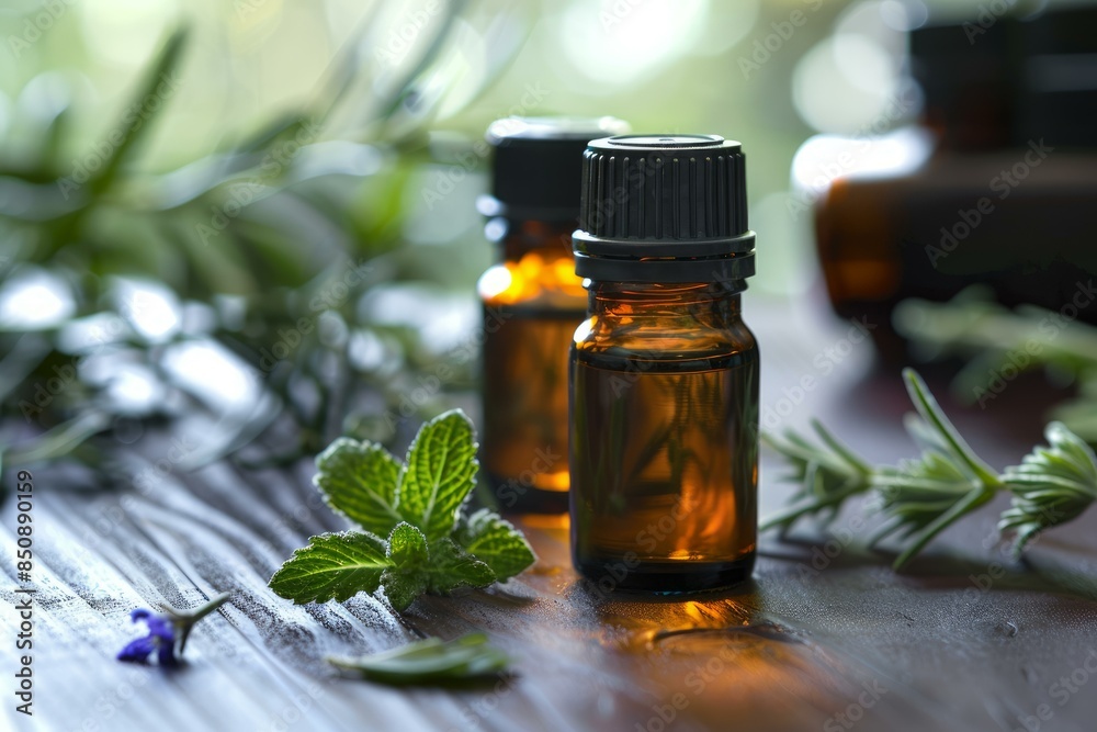 Amber bottles of essential oils with fresh herbs on a rustic wooden background Amber bottles of essential oils with fresh herbs on a rustic wooden background