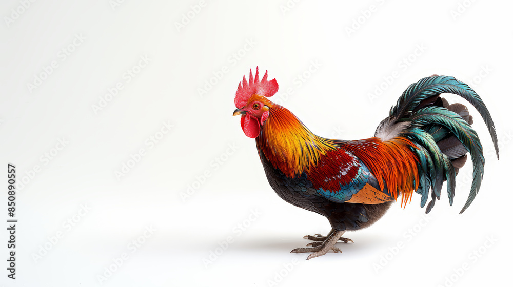 Fototapeta premium Beautiful Rooster Isolated on White Background with Vibrant Feathers