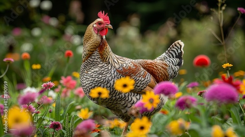 Polish Hen with Crest Among Colorful Flowers in Lush Garden photo