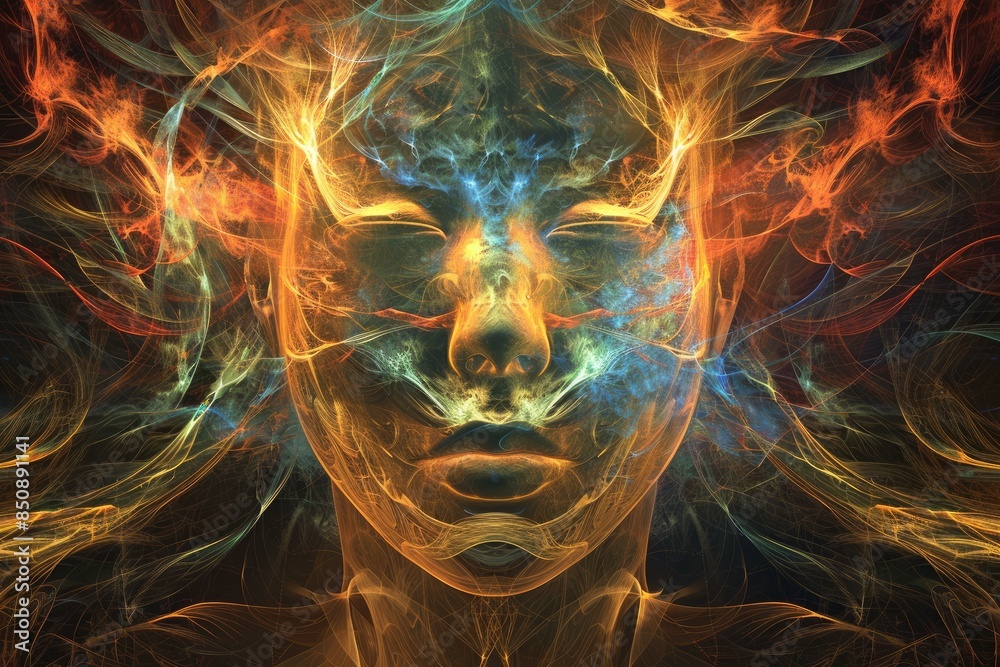 Ethereal flameinfused portrait showcasing fiery fractal design with abstract face effect in digital art, capturing the beauty of vibrant colors and artistic expression Ethereal flameinfused portrait showcasing fiery fractal design with abstract face effect in digital art, capturing the beauty of vibrant colors and artistic expression