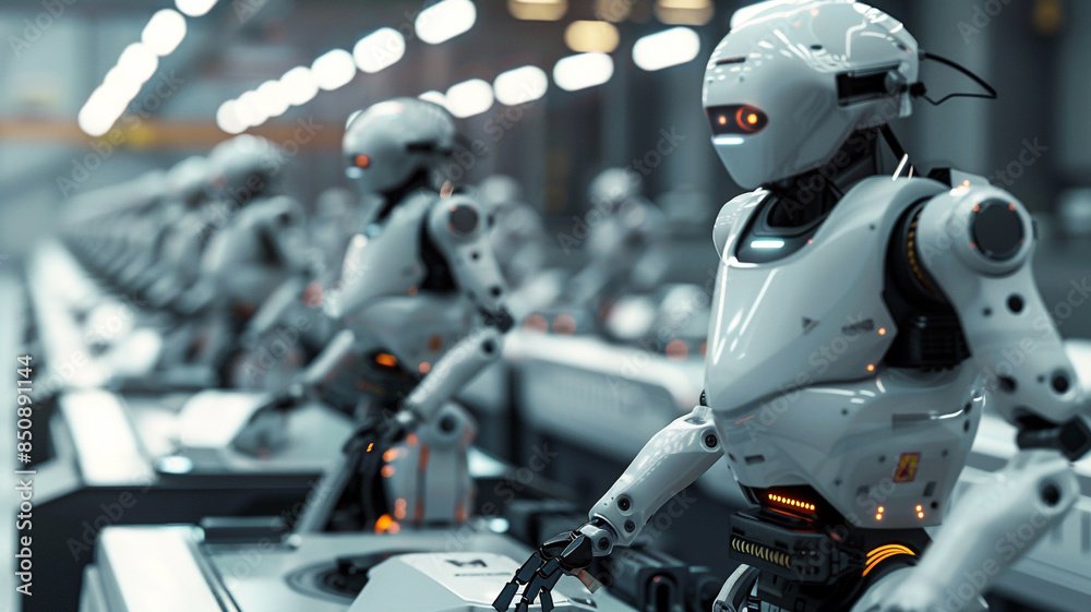 Fototapeta premium Row of robots in factory