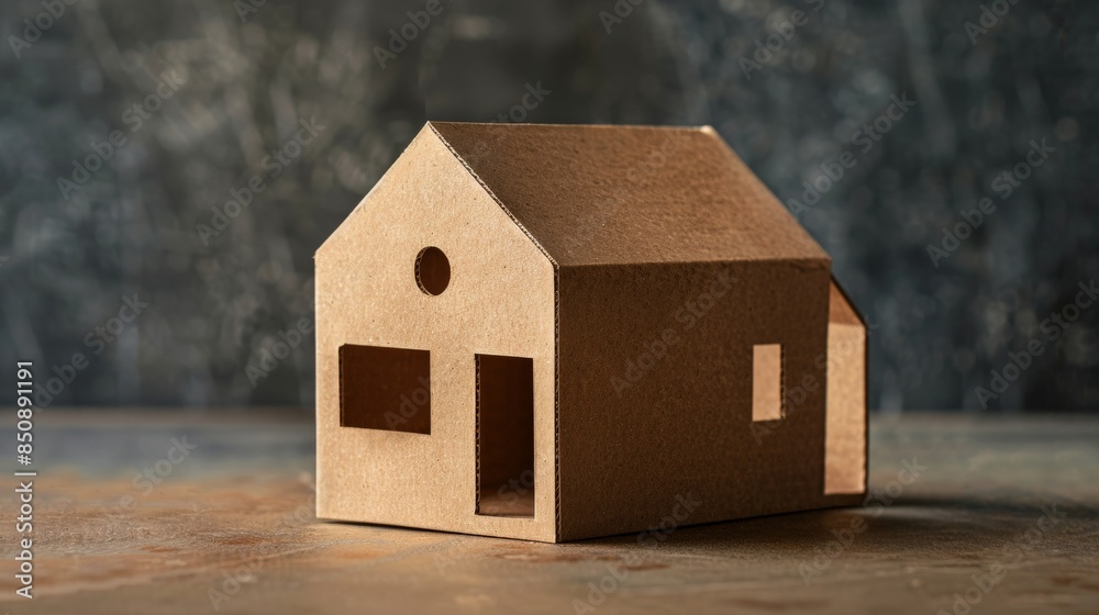 A simple cardboard house model sits on a rustic surface A simple cardboard house model sits on a rustic surface