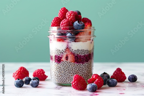 A mason jar filled with chia pudding, layered with coconut milk and berries photo