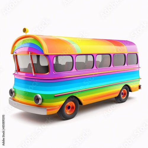 Vibrant 3D Cheerful Bus in Rainbow Colors - Cute Transport Element Isolated on White Background