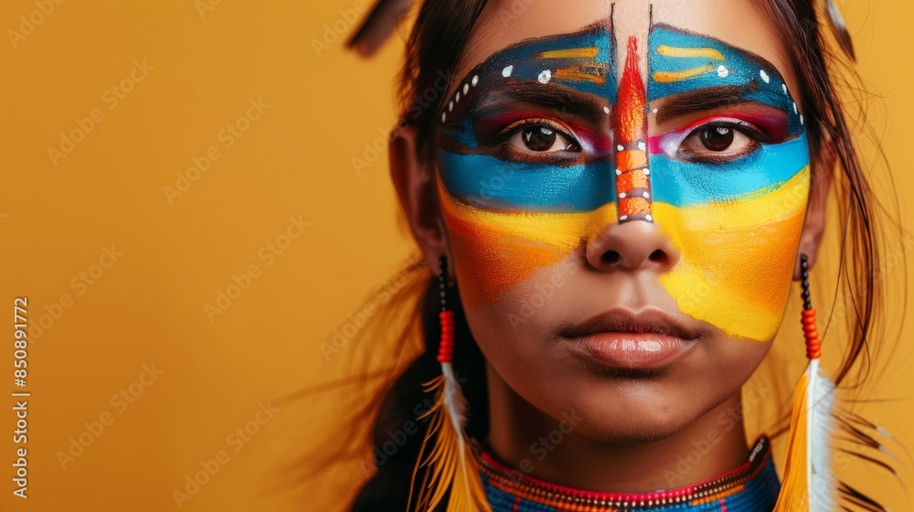 A close-up of a woman with colorful face paint resembling butterfly wings A close-up of a woman with colorful face paint resembling butterfly wings