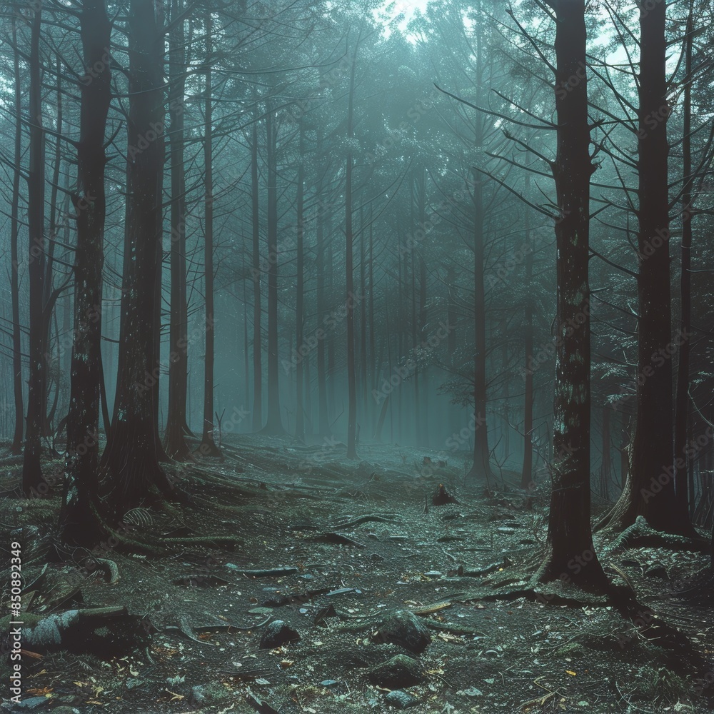 Fototapeta premium Mystical Aokigahara Forest with Dense Trees and Misty Atmosphere